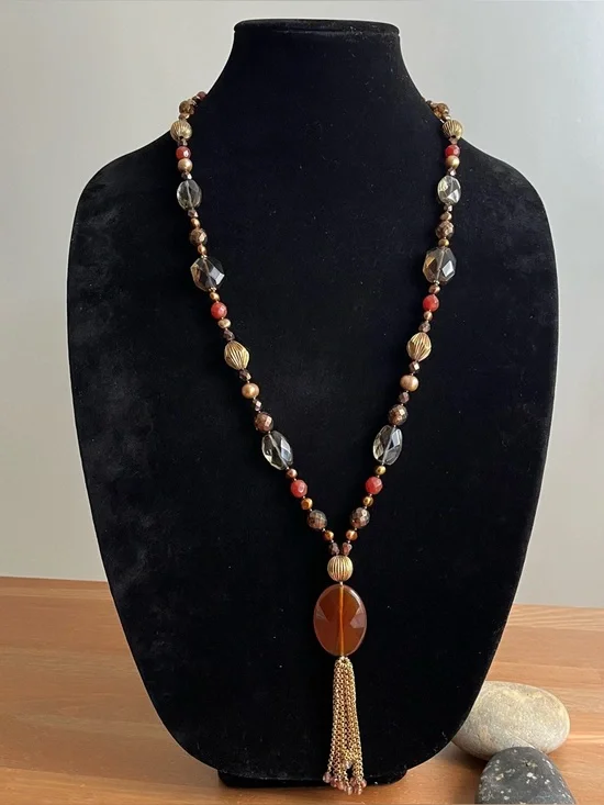 Talbots beaded statement necklace mix of brown, orange, and gold-toned glass - Picture 1 of 9